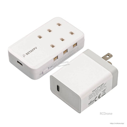 Charger with US wall adapter shown, USB-C port visible on the power plug