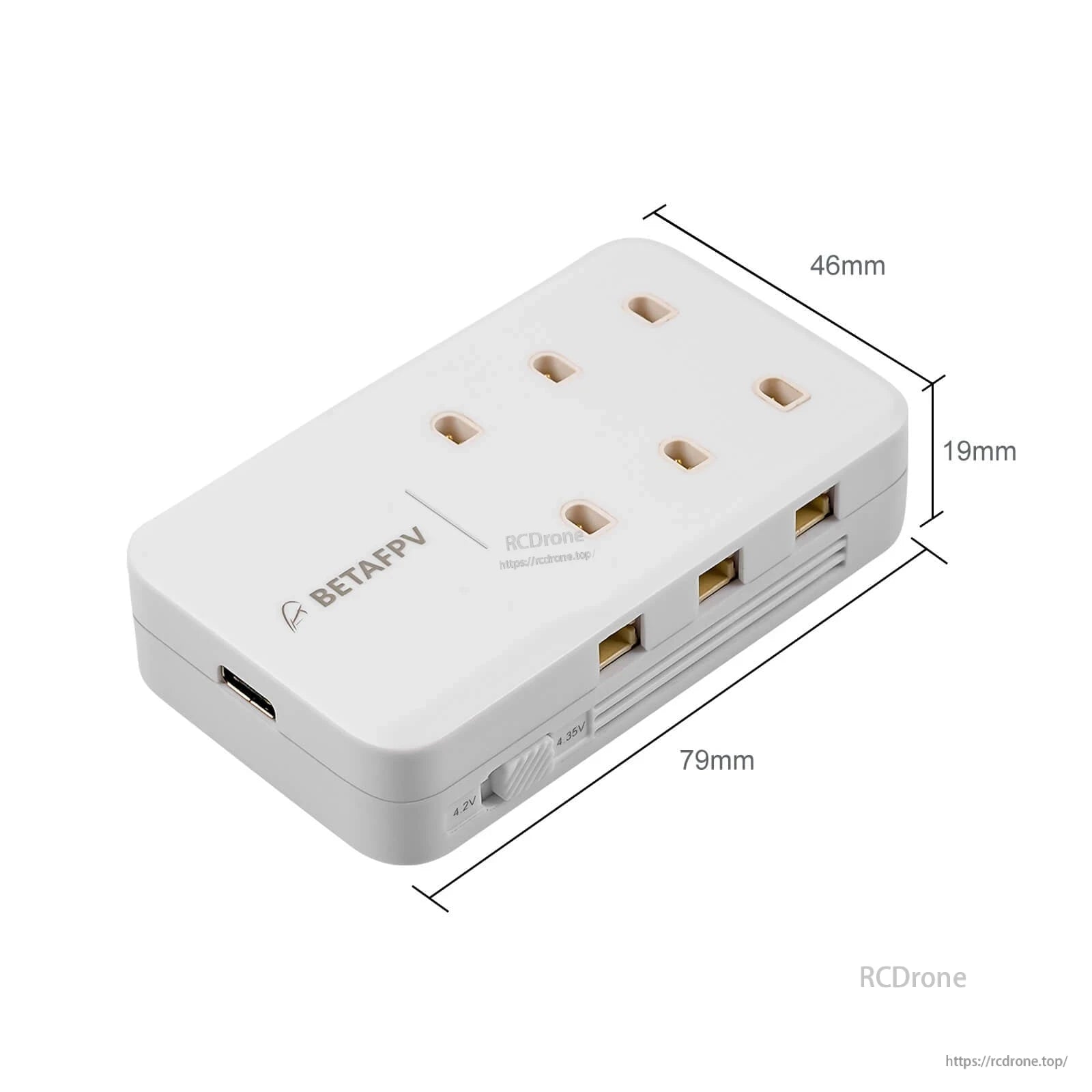 BetaFPV 6 Ports 1S Battery Charger dimensions shown: 79 x 46 x 19 mm compact size diagram