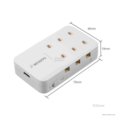 BetaFPV 6 Ports 1S Battery Charger dimensions shown: 79 x 46 x 19 mm compact size diagram