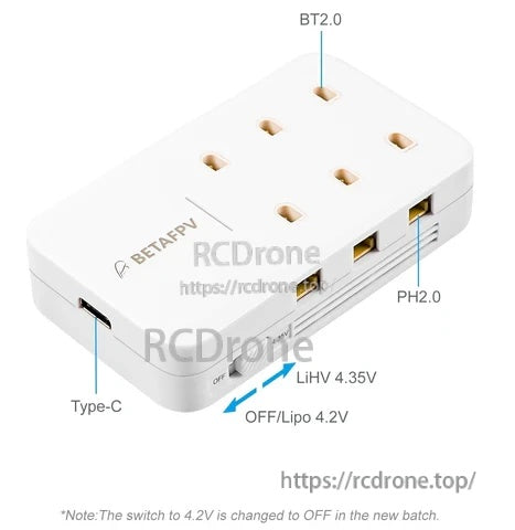 Top view of 6-port 1S charger with USB‑C input, BT2.0 and PH2.0 connectors, and 4.35V/OFF switch