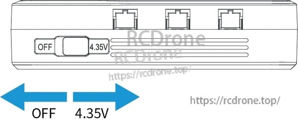 Close-up of charger slide switch with OFF and 4.35V LiHV charge mode positions