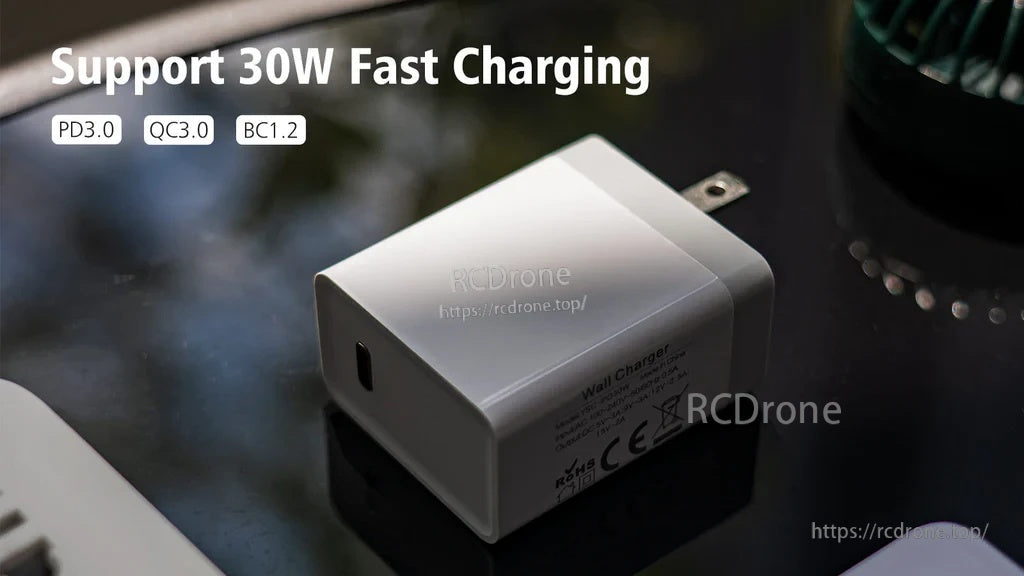 30W USB‑C power adapter for PD3.0/QC3.0/BC1.2 fast charging