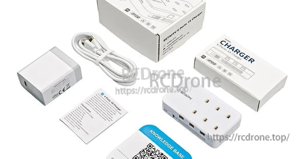 In-the-box kit with 6-port 1S charger, USB‑C cable, 30W adapter, manual, and retail packaging