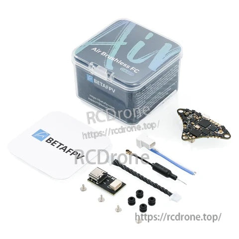 BETAFPV Air Brushless FC packaging and included accessories: flight controller, cables, hardware, grommets and stickers