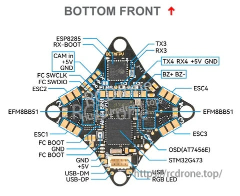 Bottom-side pinout for Air Brushless FC 5IN1 with RX-BOOT, UART pads, buzzer pads and ESC outputs labeled
