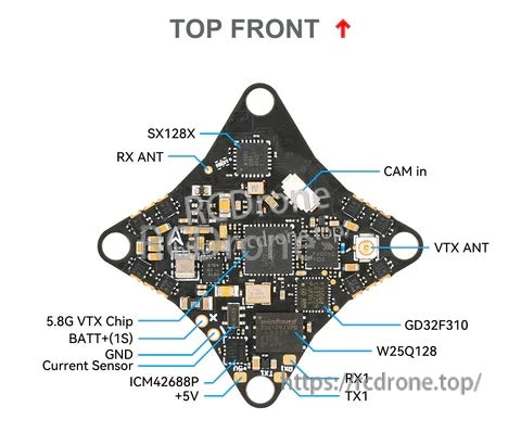 Top-side pinout for Air Brushless FC 5IN1 with integrated receiver: RX antenna pad plus CAM, power and VTX antenna