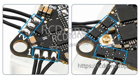 Close-up of solder pads and components on the Air Brushless FC, highlighting small pad layout for whoop builds