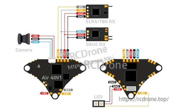 Wiring diagram for Air 4IN1 flight controller connecting camera and external SBUS/ELRS receiver via UART pads