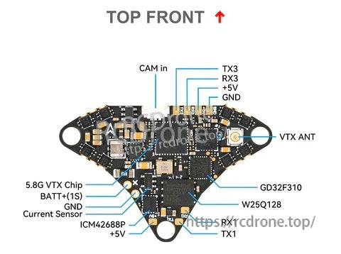 Top-side pinout for Air Brushless FC 4IN1: CAM in, TX/RX pads, 5V/GND, 1S battery input and VTX antenna