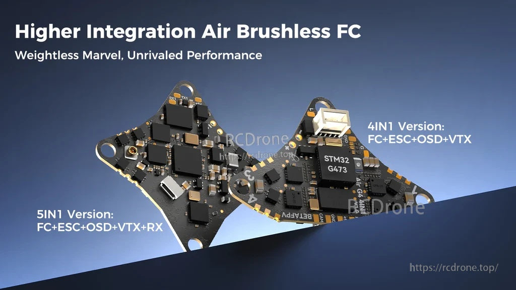 BETAFPV Air Brushless FC 4IN1 vs 5IN1 version comparison image, highlighting integrated RX on the 5IN1 board