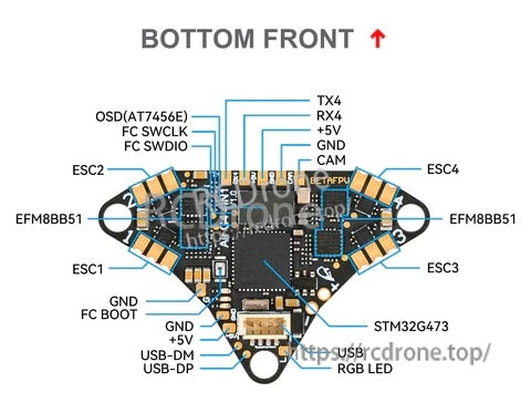 Bottom-side pinout for Air Brushless FC 4IN1 with ESC pads, USB-DM/DP, OSD chip and RGB LED pads labeled