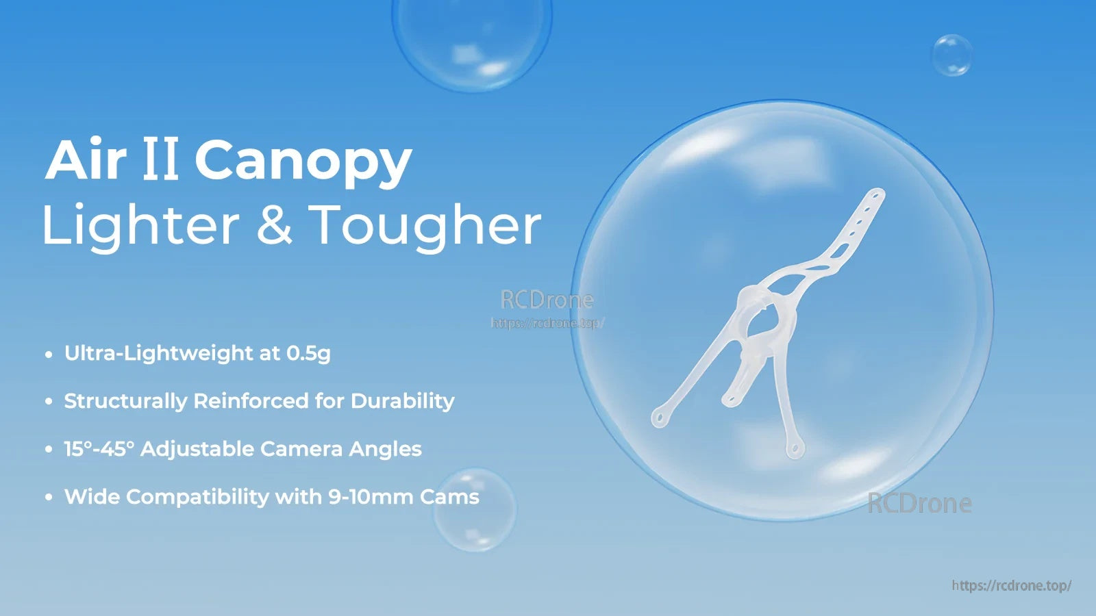 BetaFPV Air II Canopy overview highlighting 0.5g weight, reinforced durability, and 15°–45° camera tilt