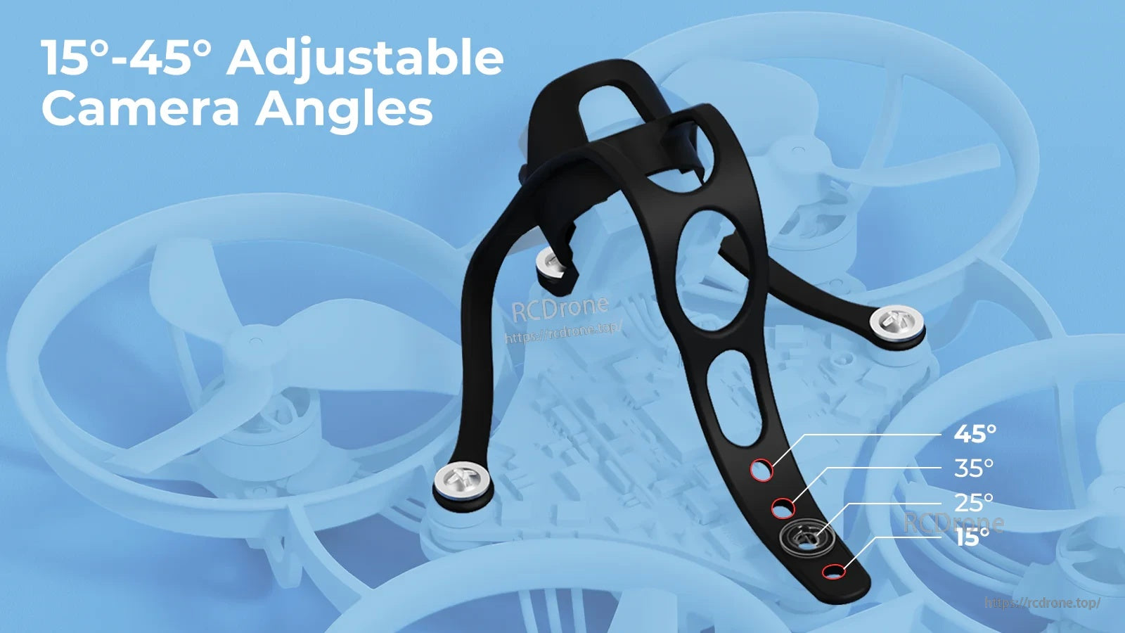BetaFPV Air II Canopy with adjustable FPV camera tilt positions marked at 15°, 25°, 35°, and 45°