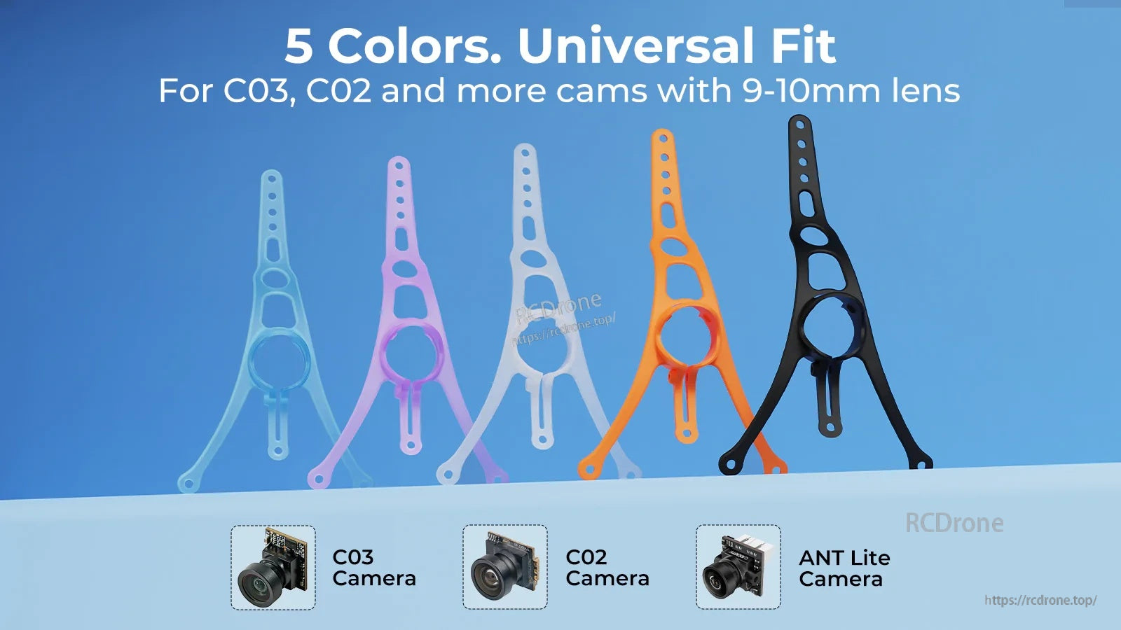 Color lineup of the canopy with compatibility note for 9–10mm lens cameras like C03, C02, and ANT Lite