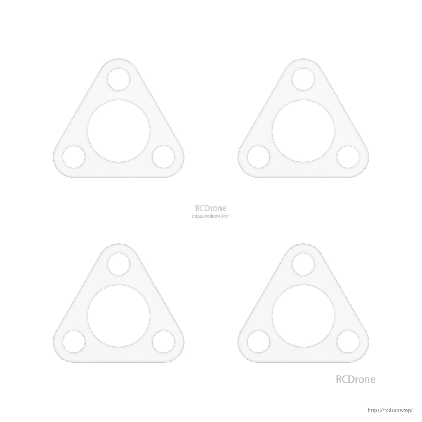 Set of four clear triangular motor gaskets for micro whoop frame, flat lay
