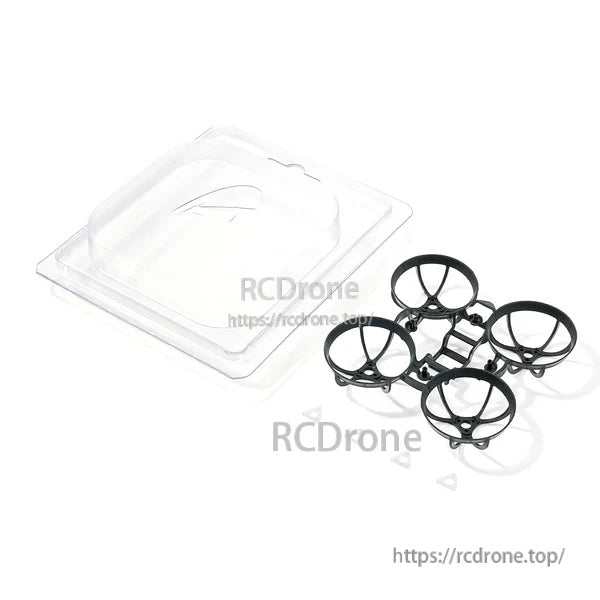 Air65 whoop frame in black beside clear plastic retail tray packaging on white background
