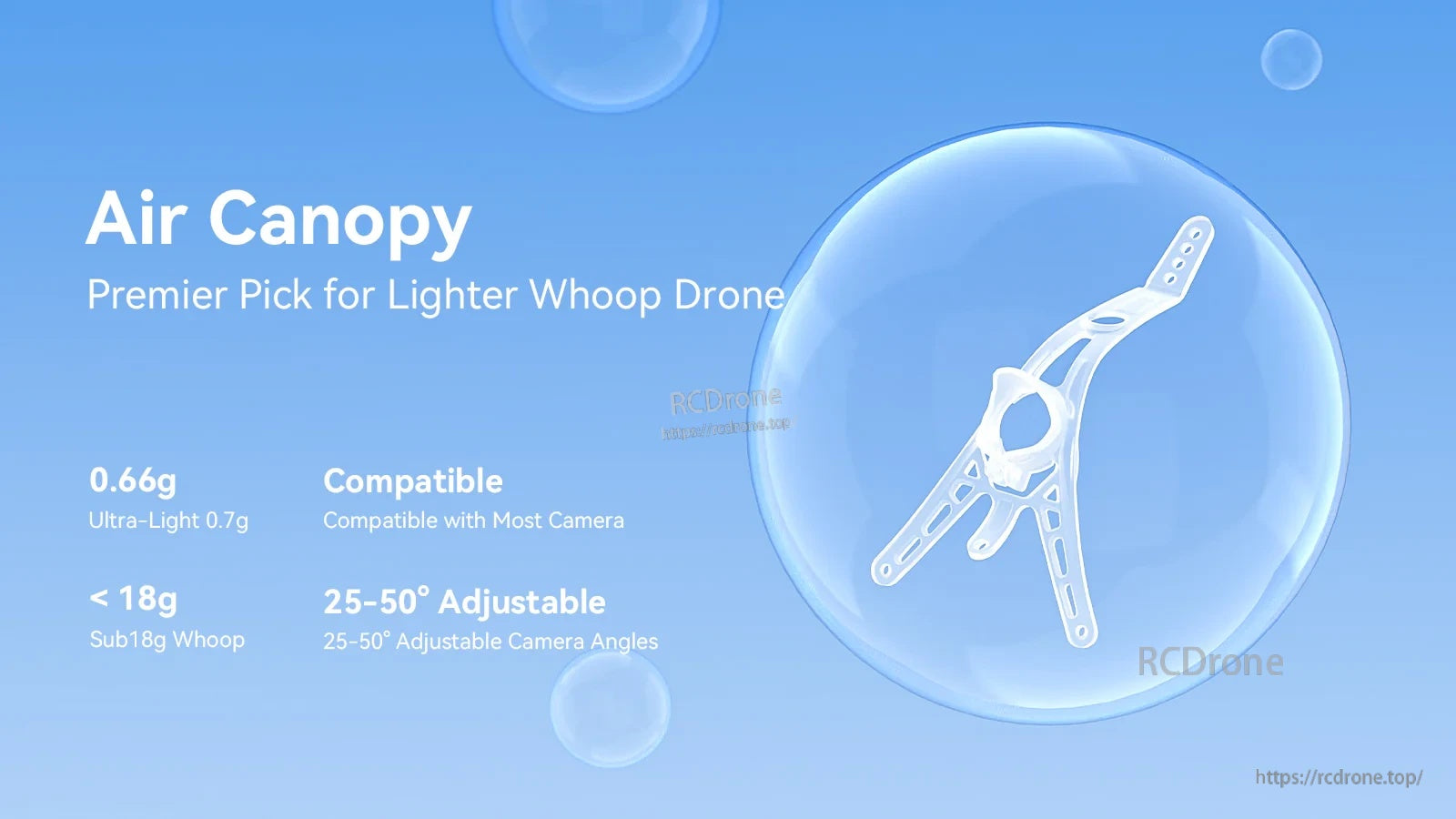 Air Canopy accessory promo graphic with 0.66g weight and 25°–50° adjustable camera angle (sold separately)