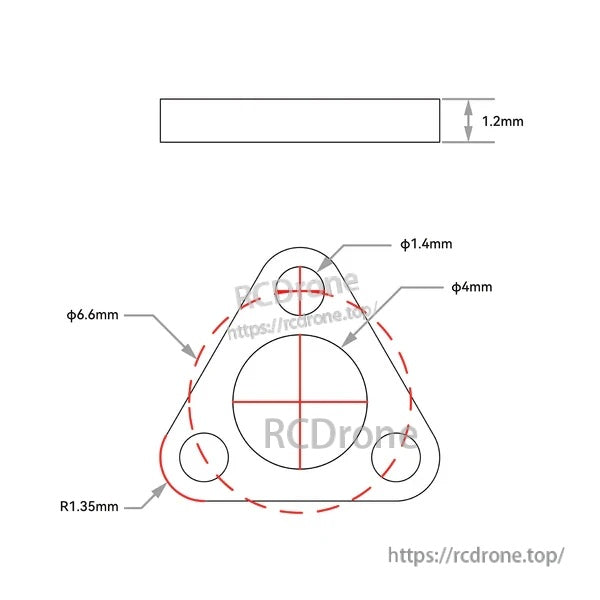 Motor gasket technical drawing showing 1.2mm thickness and 3-hole motor mounting pattern (M1.4)