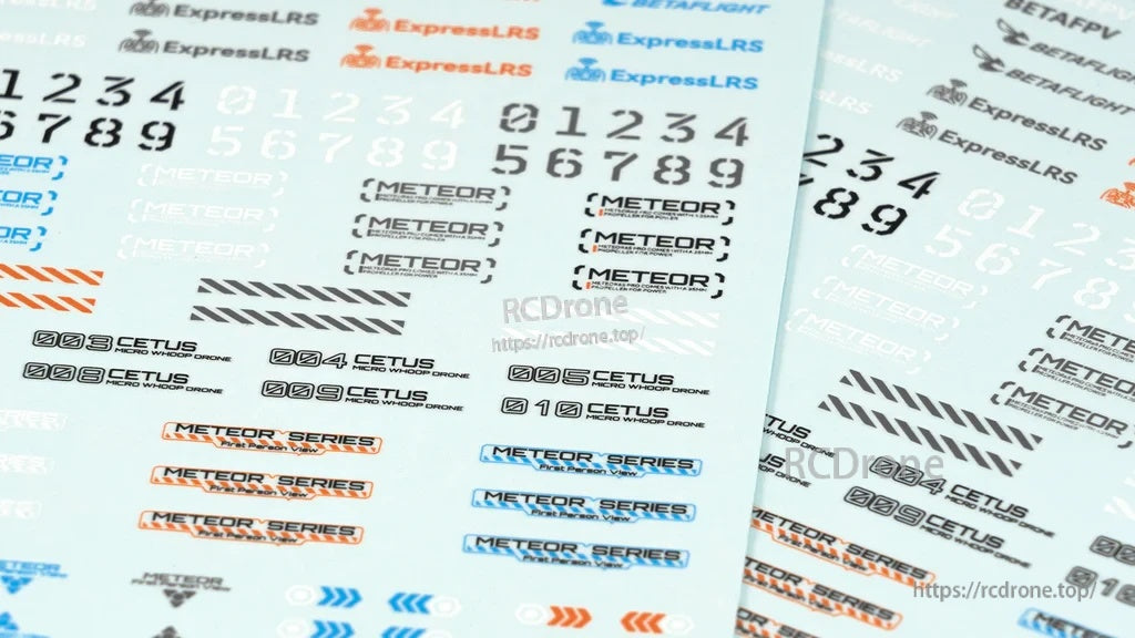BETAFPV decal sticker sheets with numbers, stripes, and branded logos for drone customization