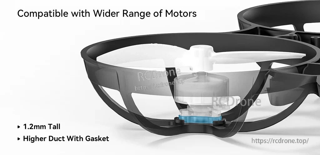 Cross-section view of whoop duct with 1.2mm motor gasket installed, noting higher duct with gasket