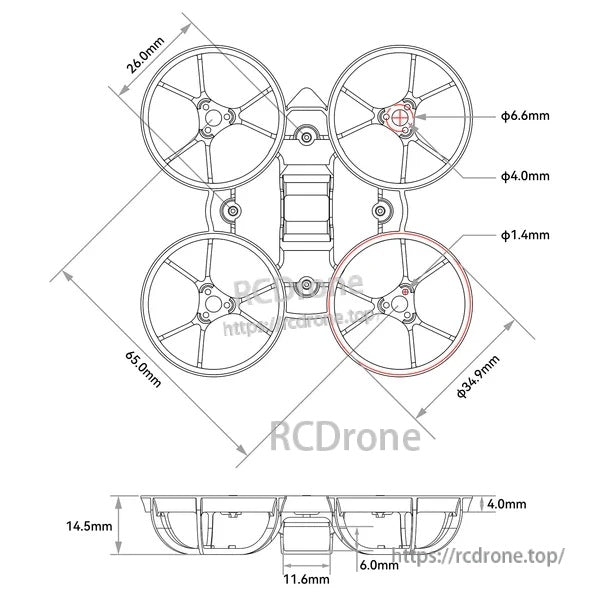 Air65 65mm whoop frame dimension drawing with 34.9mm duct diameter, 14.5mm duct height, and mounting holes