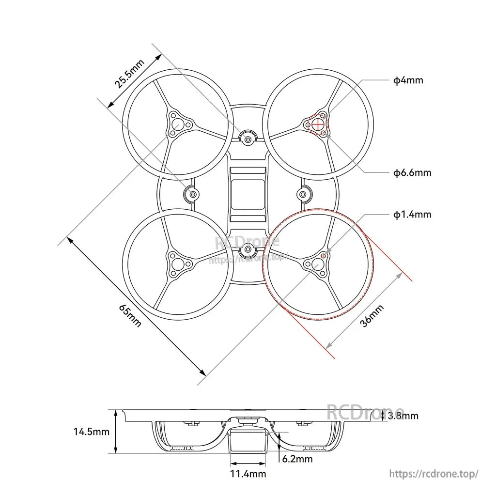 Air65 Champion whoop frame dimension layout with 65mm wheelbase, 25.5mm FC mount, 33mm ducts, and battery slot size callouts