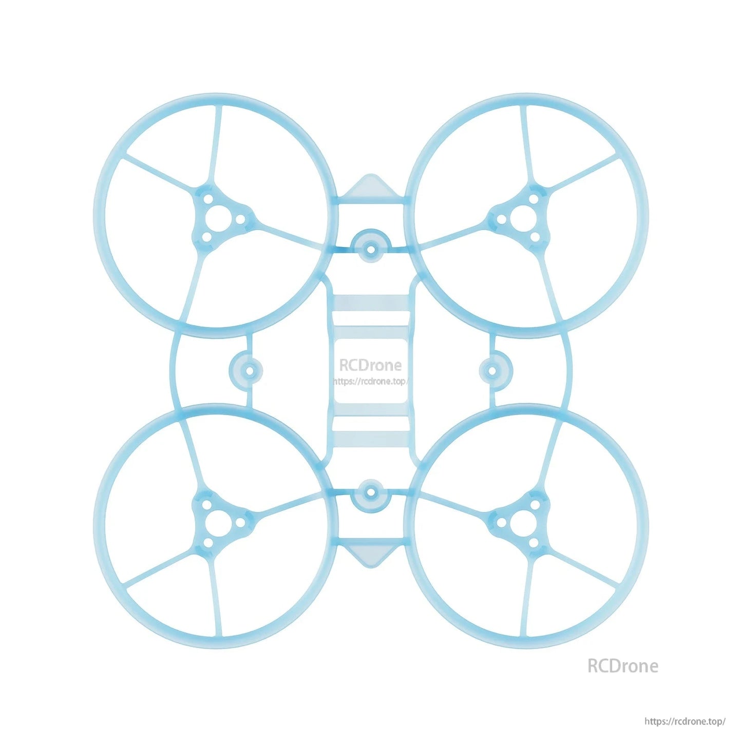 Top-down view of light blue ducted 65mm whoop frame showing motor mount pattern and center plate