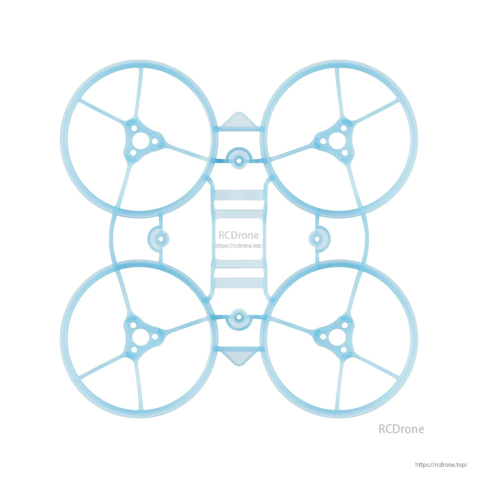 Top-down view of light blue ducted 65mm whoop frame showing motor mount pattern and center plate