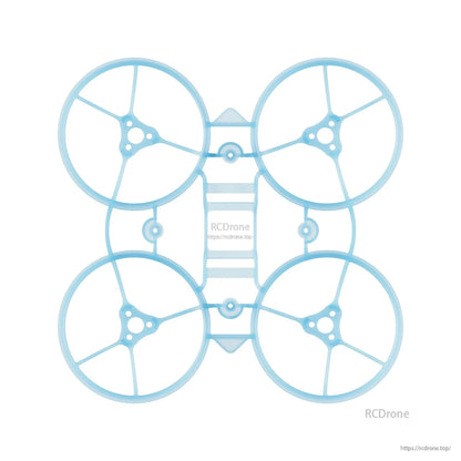 Top-down view of light blue ducted 65mm whoop frame showing motor mount pattern and center plate