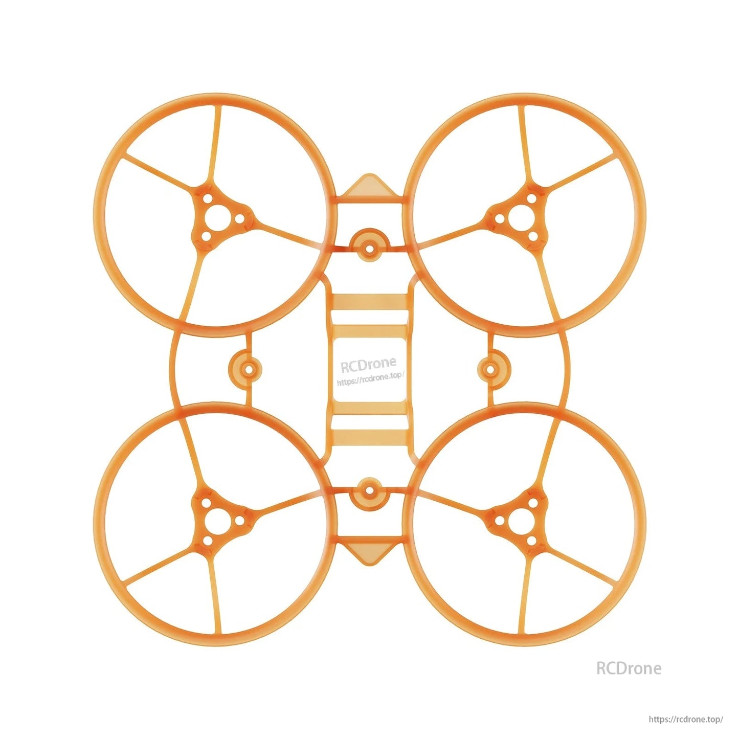 Overhead view of orange 65mm whoop frame with four ducts and center mounting slots