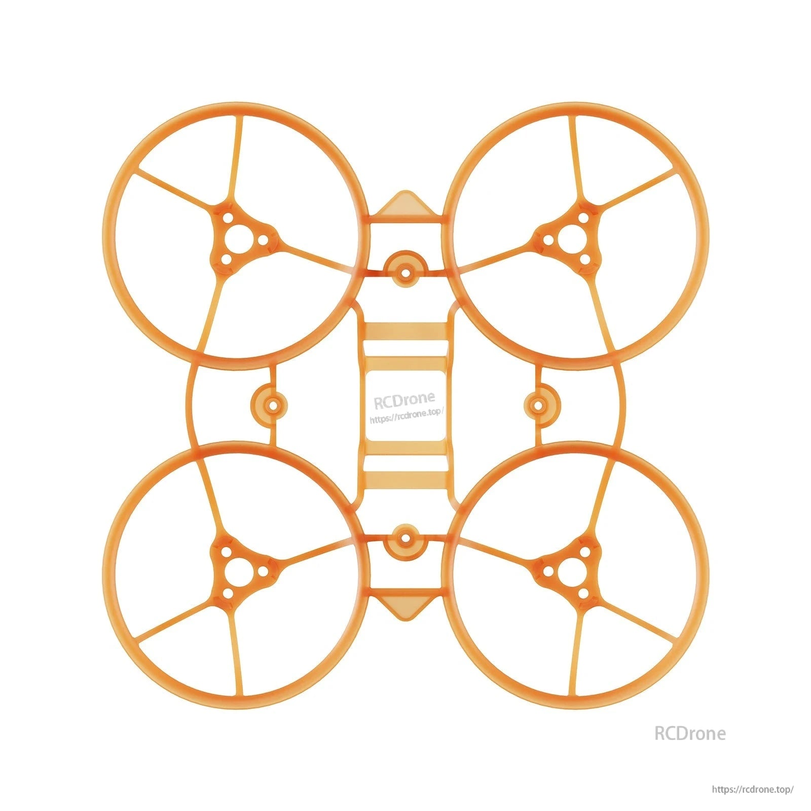 Overhead view of orange 65mm whoop frame with four ducts and center mounting slots