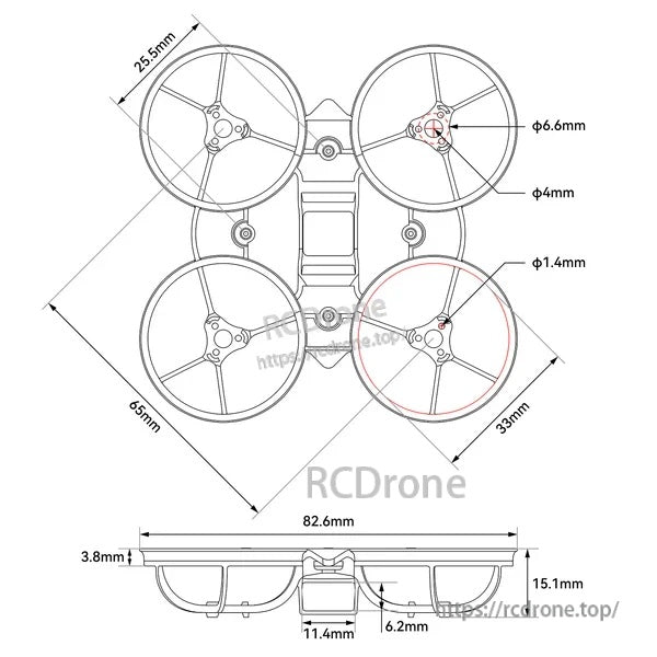 Air65 II whoop frame dimension drawing with 65mm wheelbase, 33mm duct diameter, and 25.5×25.5mm FC mount