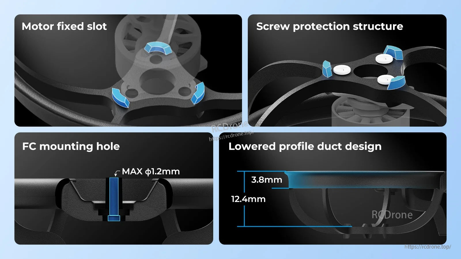 Close-ups of motor fixed slots, screw protection, enlarged FC mounting holes, and lowered duct profile (3.8mm)