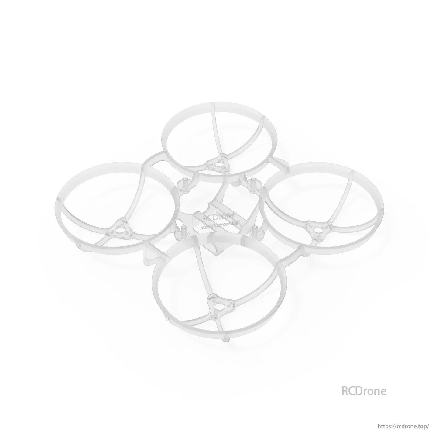 Translucent white whoop frame angled view with four prop guard ducts and lightweight PP structure
