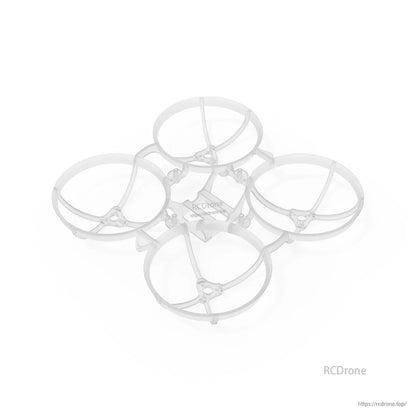 Translucent white whoop frame angled view with four prop guard ducts and lightweight PP structure