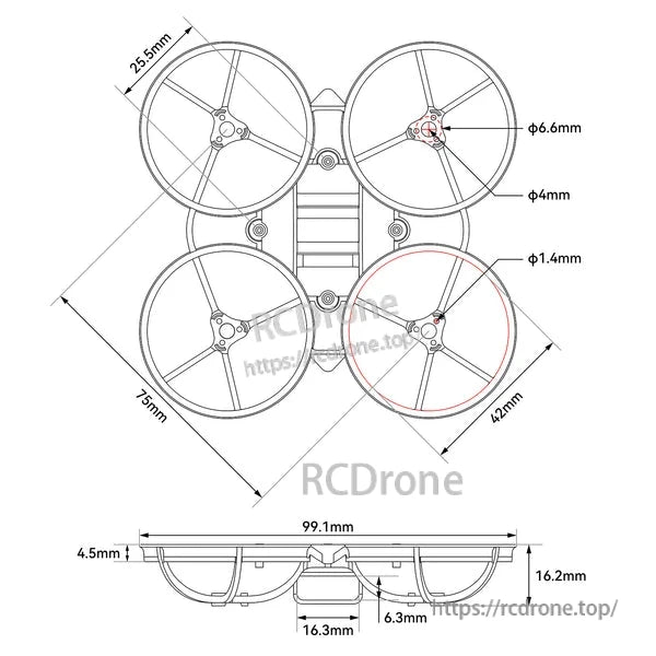 Air75 II whoop frame dimension layout: 75mm wheelbase, 42mm ducts, 25.5mm FC mount, battery slot sizing