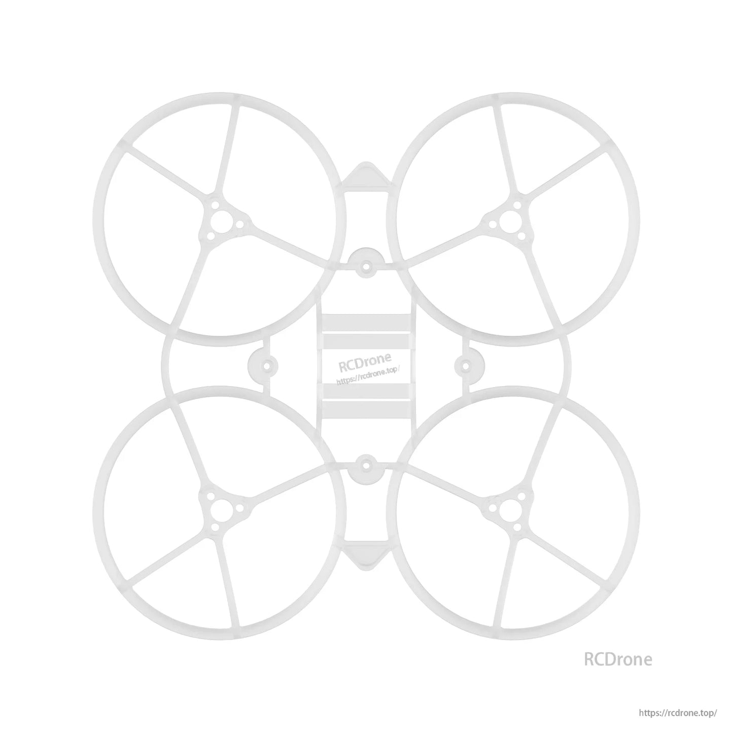 Translucent white whoop frame top view showing duct ring supports and central mounting holes