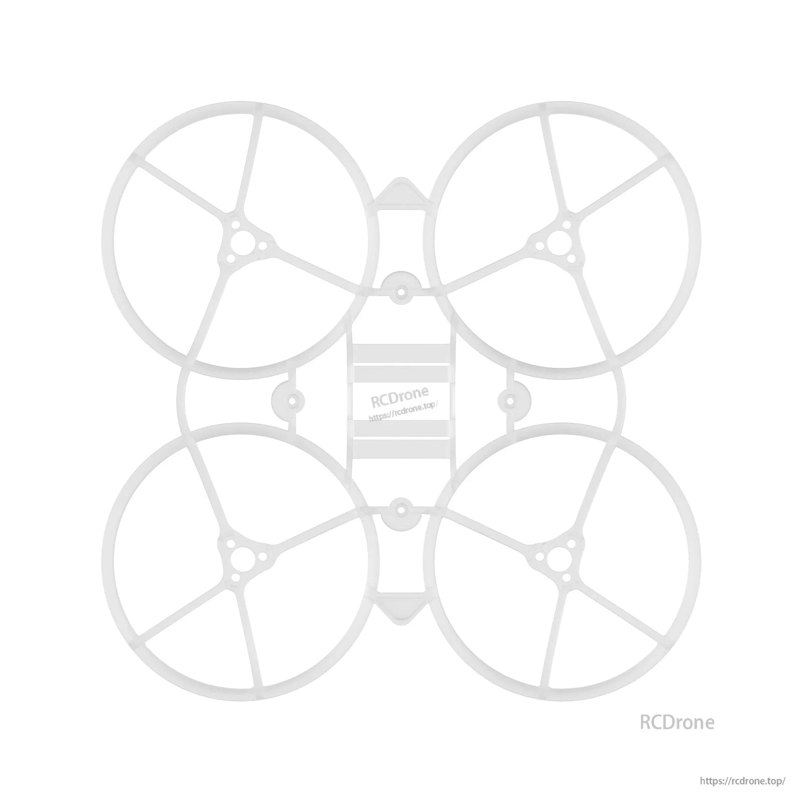 Translucent white whoop frame top view showing duct ring supports and central mounting holes