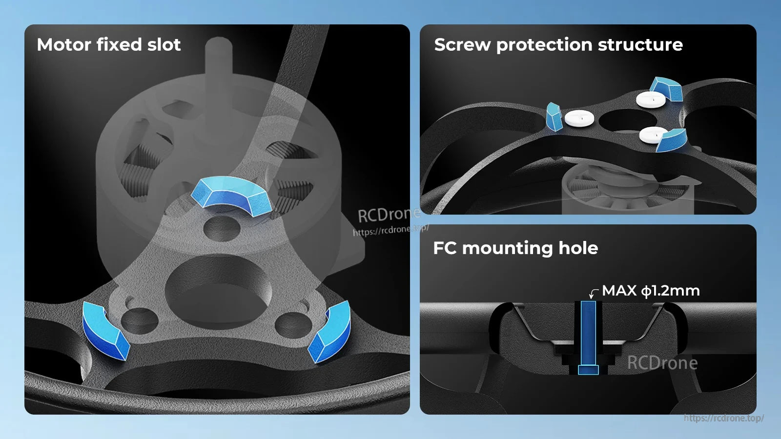 Close-ups of Air75 II details: motor fixed slots, motor screw protection structure, enlarged FC mounting holes
