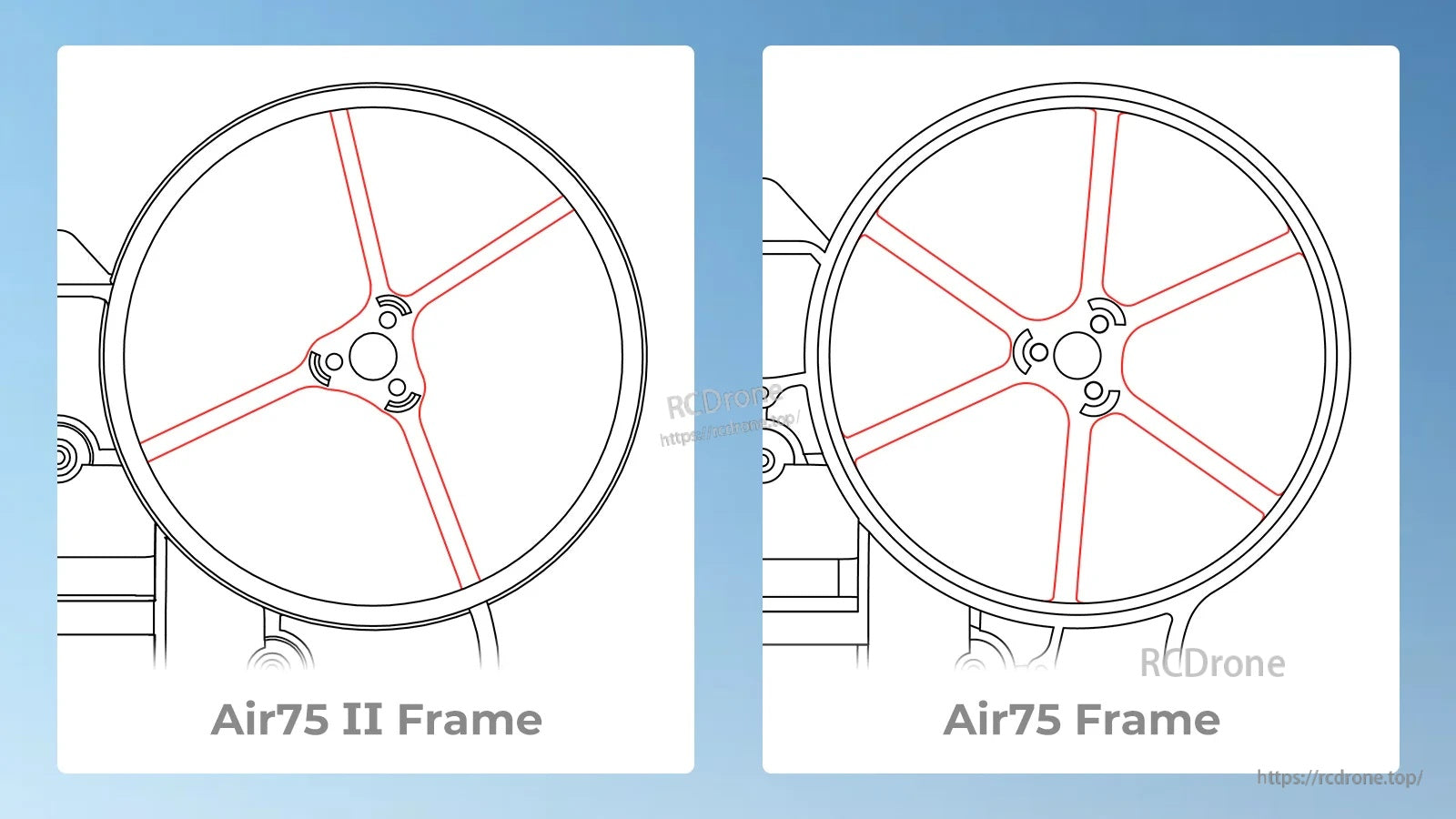 Air75 II vs Air75 Gen 1 top-view comparison highlighting 4 arm braces on Air75 II versus 6 on Air75
