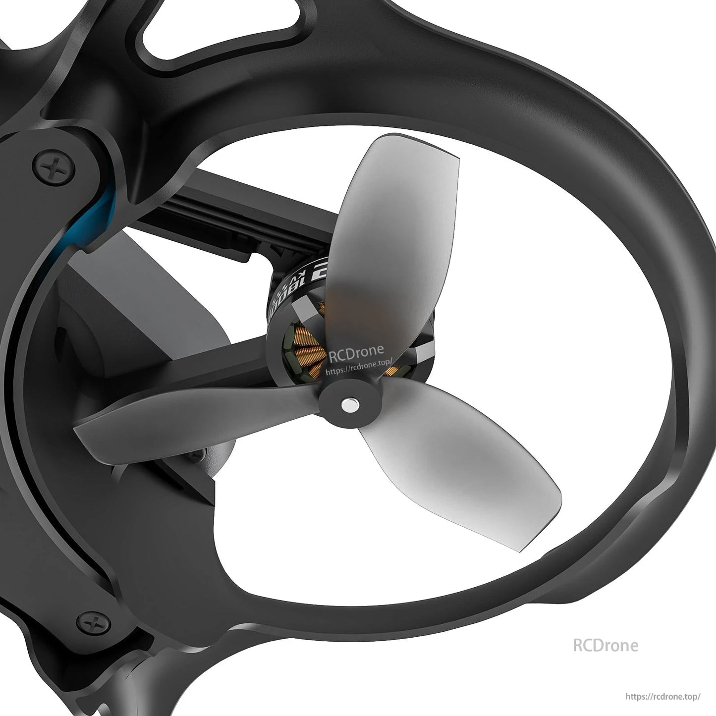 Close-up of a BetaFPV ducted cinewhoop propeller with three-blade prop and motor inside the protective ring