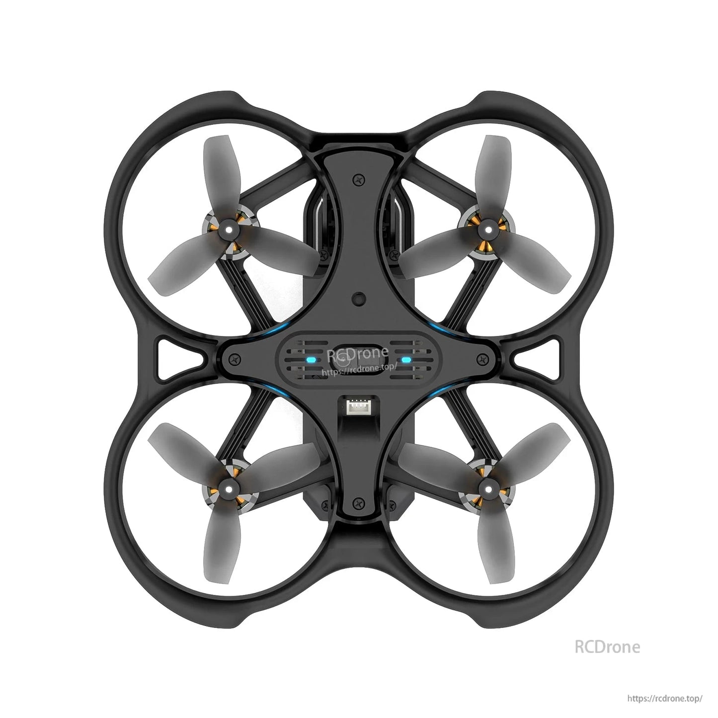 Top view of a BetaFPV ducted micro quadcopter (whoop) with black frame and four tri-blade propellers