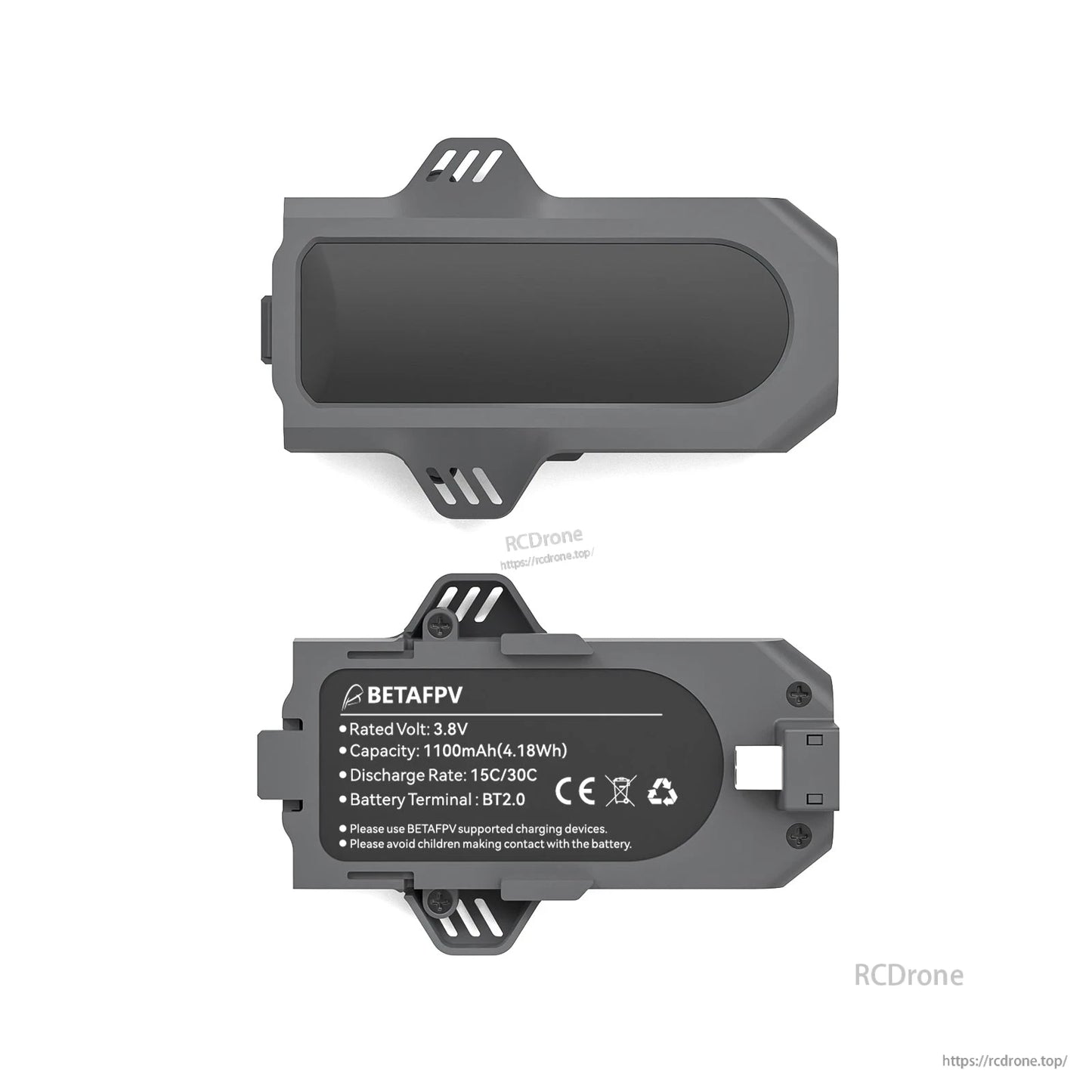 Aquila16 battery top and label view showing 3.8V 1100mAh 4.19Wh BT2.0 and 15C/30C rating