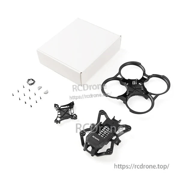 Aquila20 whoop frame kit contents layout: PA duct, frame, camera bracket and canopy, FC bracket, and screws