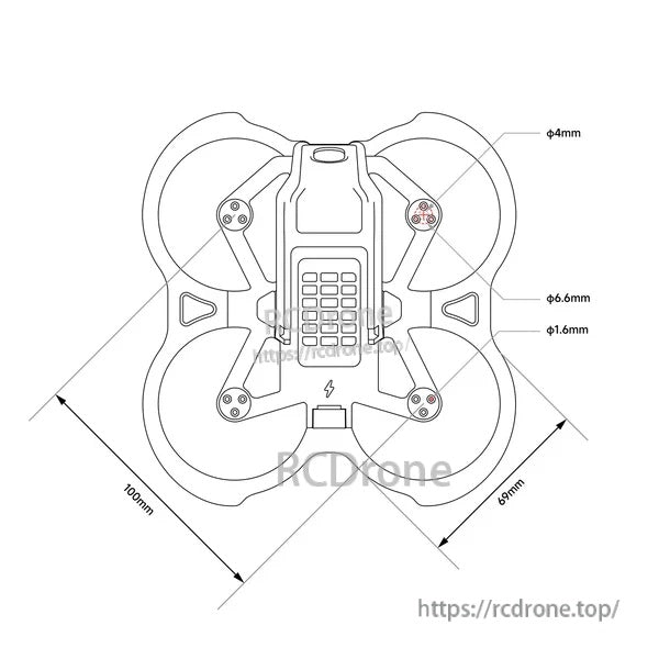 Aquila20 whoop frame dimension drawing with 100mm wheelbase, 69mm width, and mounting hole size callouts