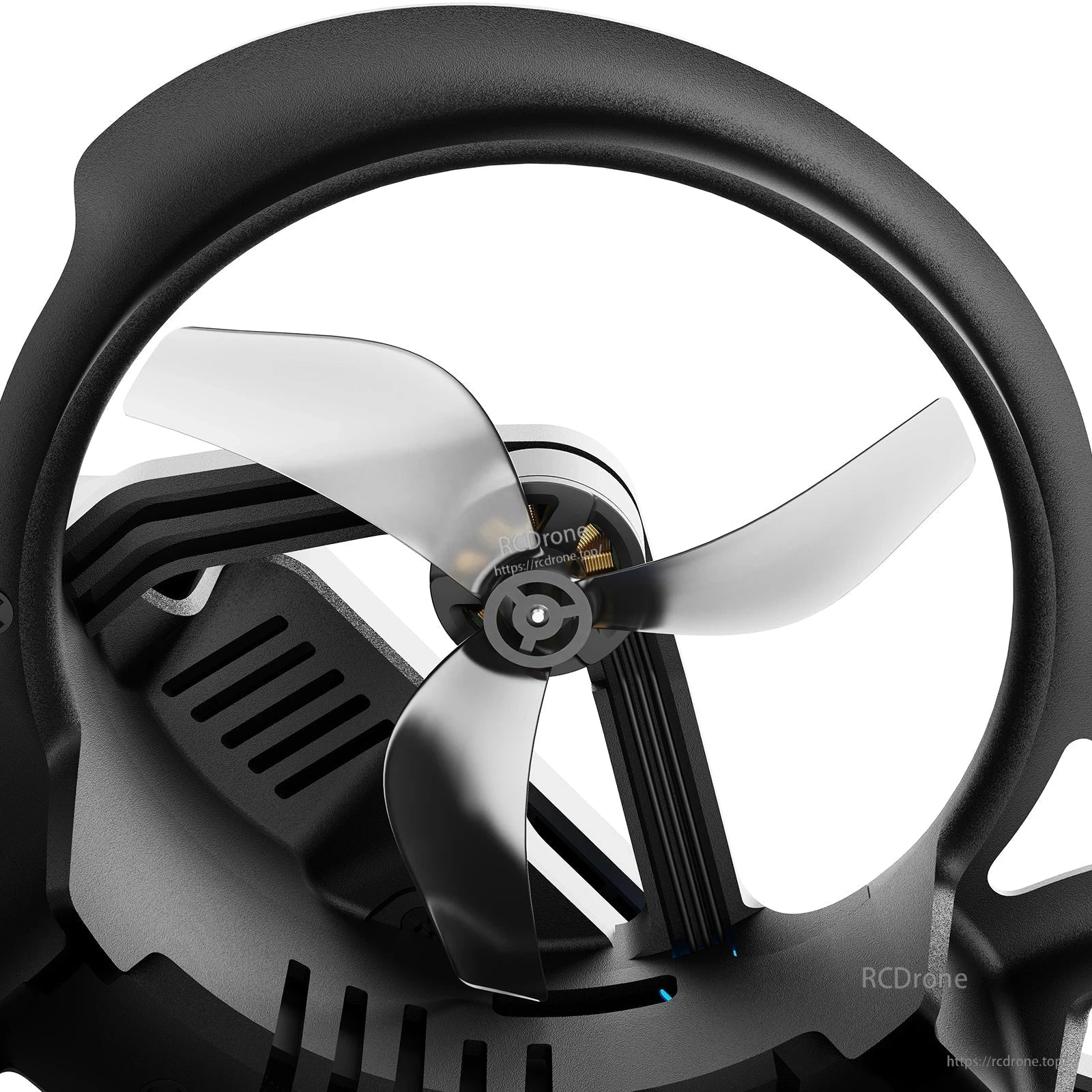 Close-up of a BetaFPV ducted micro drone showing a translucent three-blade propeller inside a protective shroud