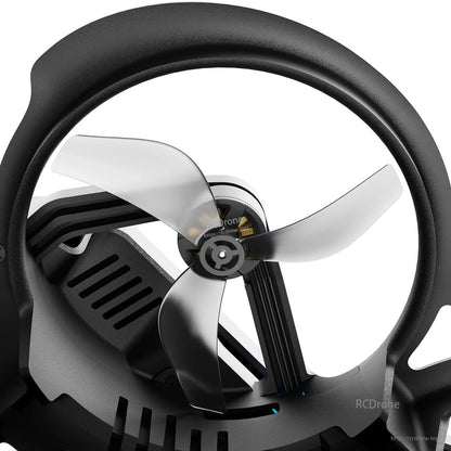 Close-up of a BetaFPV ducted micro drone showing a translucent three-blade propeller inside a protective shroud