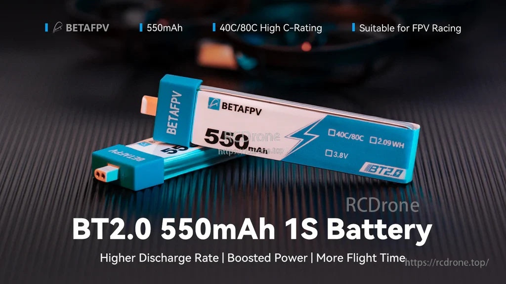 BetaFPV BT2.0 550mAh 1S LiHV battery pack with BT2.0 connector, 3.8V 40C/80C rating