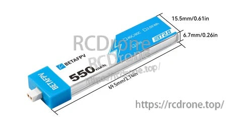 BT2.0 550mAh 1S battery dimensions: 69.5mm long x 15.5mm wide x 6.7mm thick
