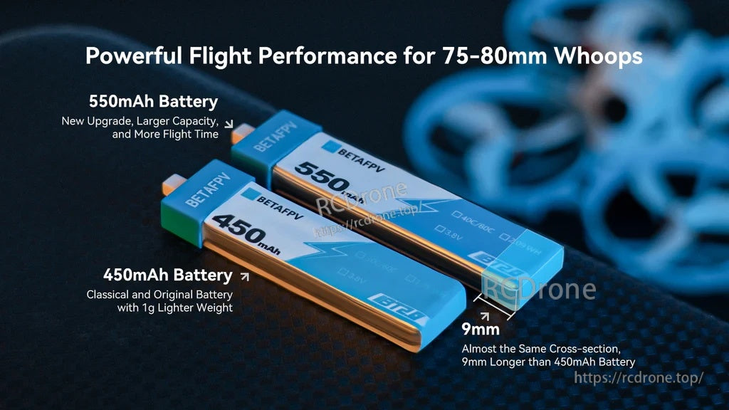 Size comparison of BT2.0 550mAh vs 450mAh 1S whoop batteries, highlighting the longer 550mAh pack